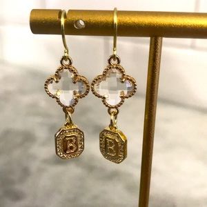 Personalized B initial cold crystal chandelier earrings gold